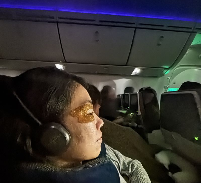 Relaxing with eye patches during travel